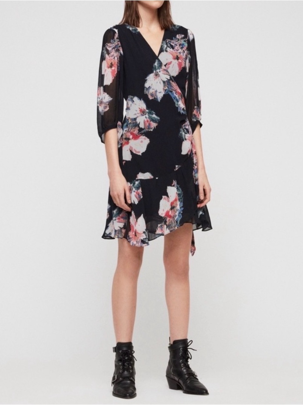 AllSaints Black Midi Dress with Pink and White Floral Print
